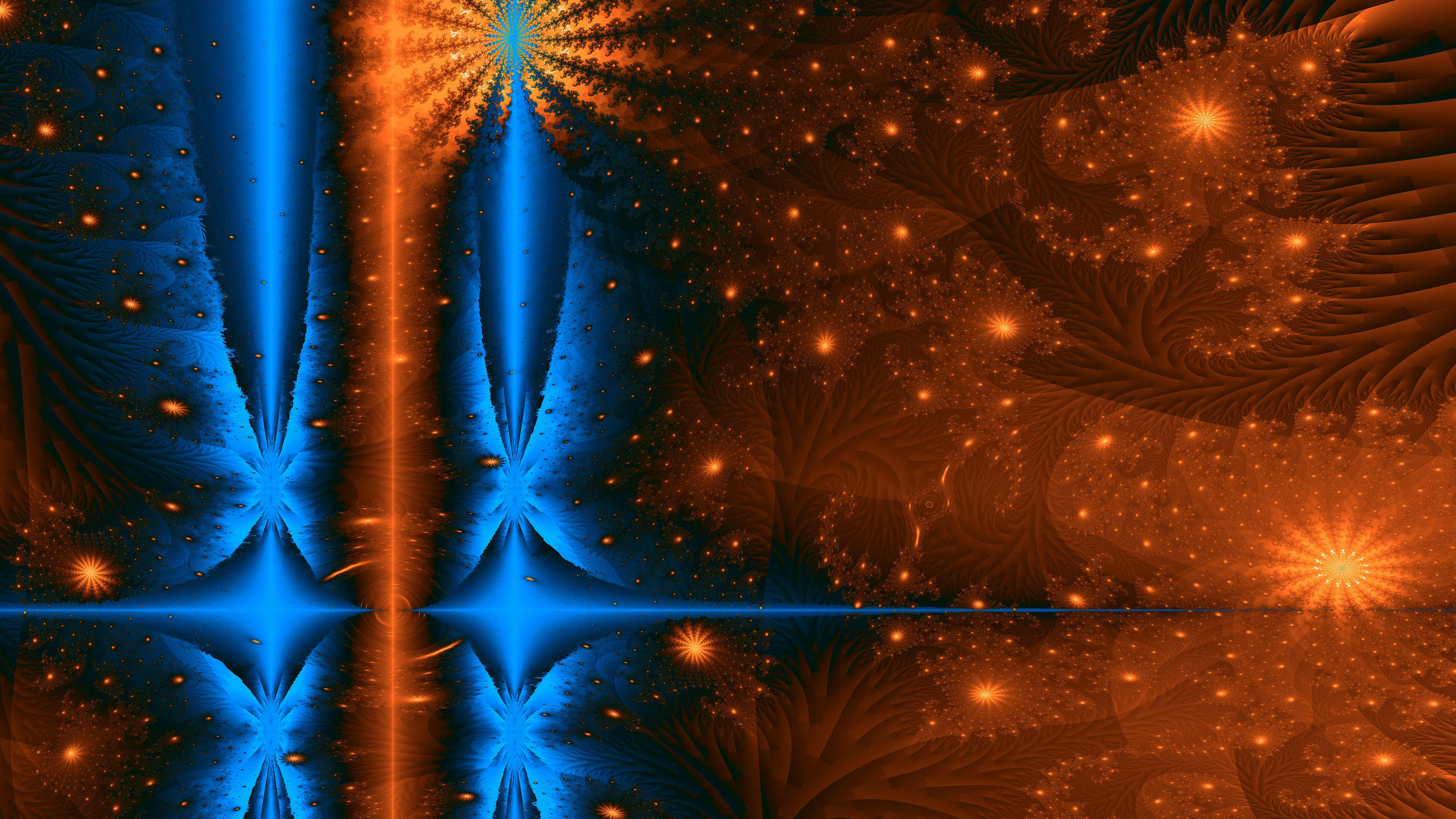 Brown Abstract 桌布 壁紙 — 充滿活力的藍色和橙色分形圖案在宇宙背景下散發出閃爍的星爆。