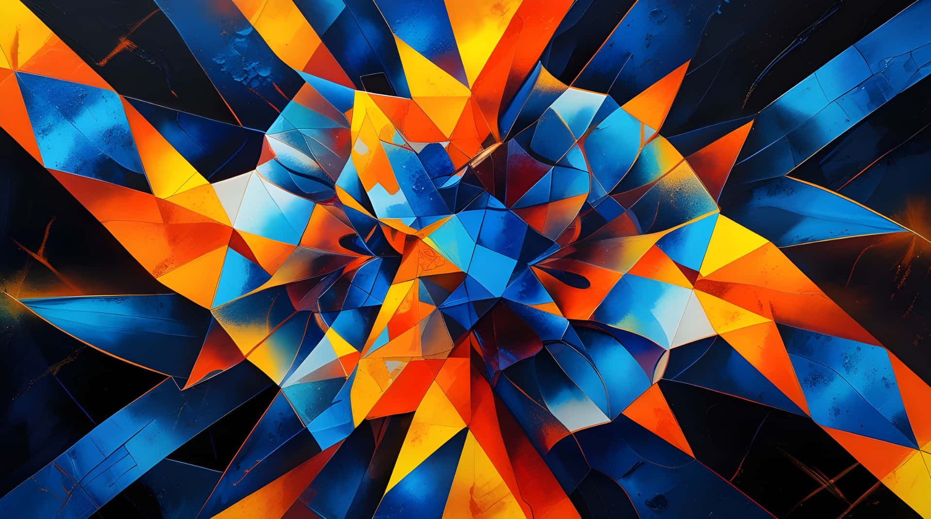The beautiful abstract background wallpaper 壁紙 — 充滿活力的藍色和橙色抽象幾何碎片在深色背景上動態爆炸。