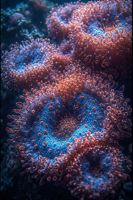 Neon Coral Polyps Close-Up – 8K Macro Underwater 壁紙 — 充滿活力的藍色和橙色珊瑚結構，帶有精緻的觸手狀結構，在深海光線下發光。