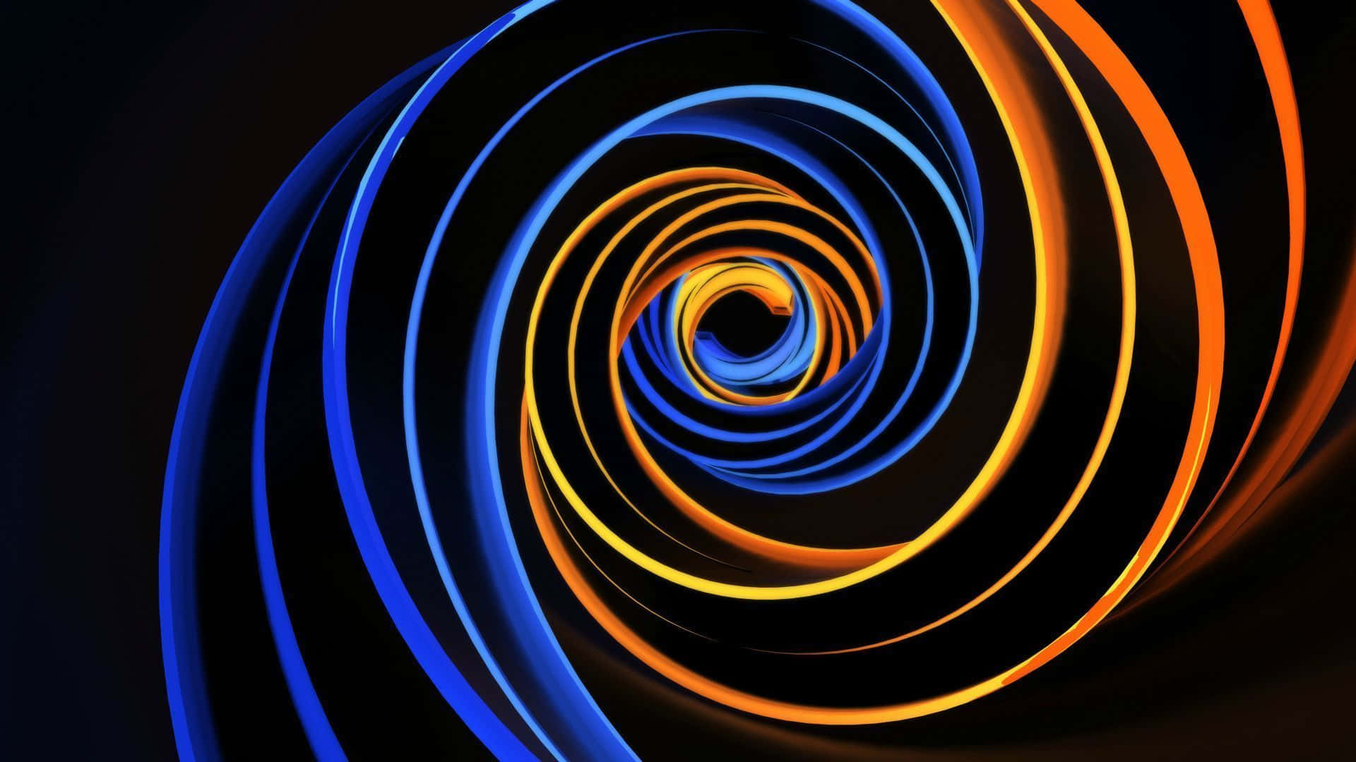 Spiral 桌布 壁紙 — 充滿活力的藍色和橙色發光螺旋線在黑色背景上向內扭曲，形成催眠般的數位漩渦。