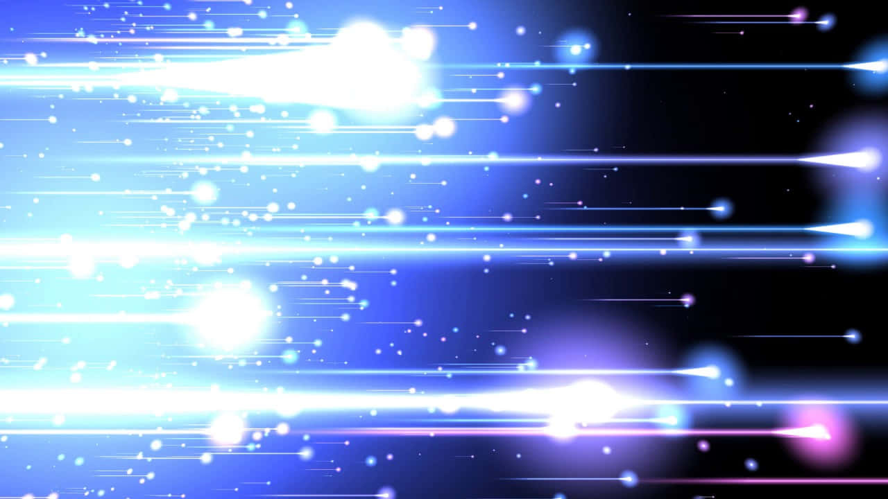 flashy 桌布 壁紙 — 充滿活力的藍色和白色光條以及發光粒子在黑暗的宇宙背景上劃過。