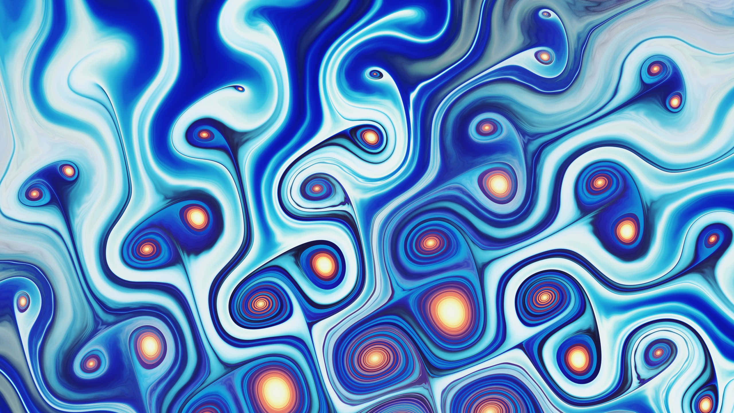 Swirl 桌布 壁紙 — 充滿活力的藍色和白色流體漩渦，帶有發光的橙色球體，營造出迷人的抽象運動。