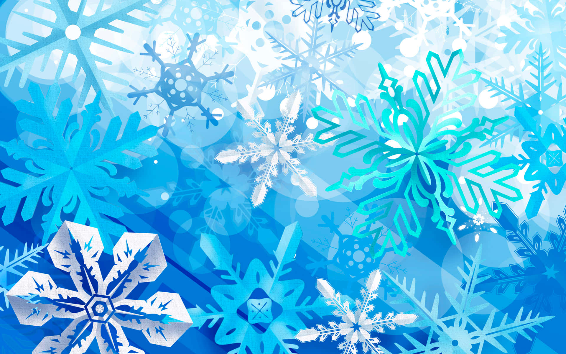 雪花 桌布 壁紙 — 充滿活力的藍色和白色雪花，設計各異，漂浮在柔和模糊的冰背景上。