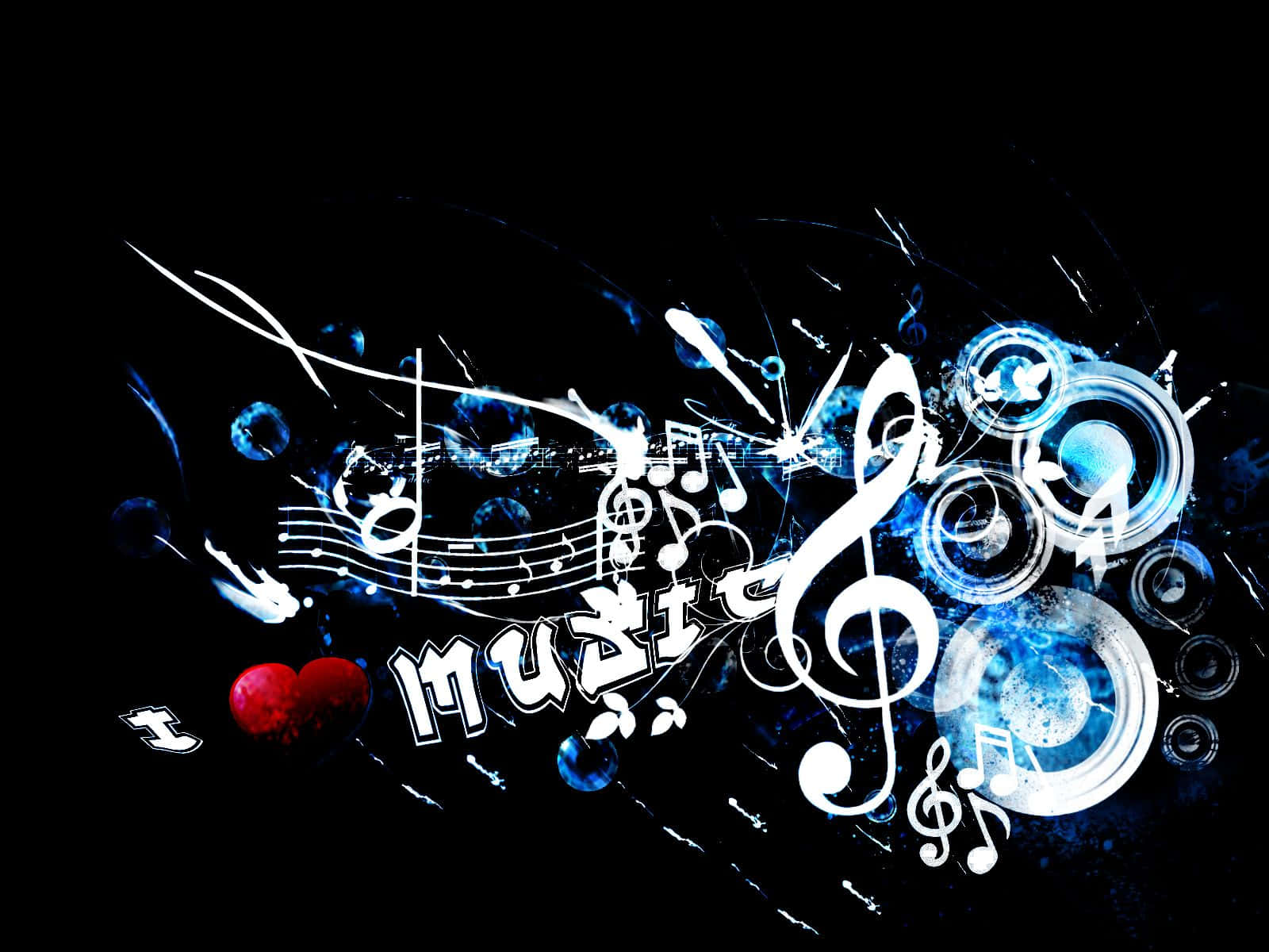 Musical 桌布 壁紙 — 充滿活力的藍色和白色音符在黑色背景上動態旋轉，帶有紅色心形和揚聲器圖標。