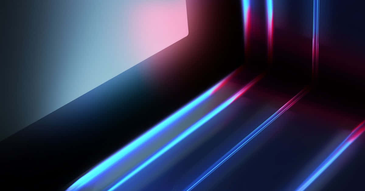 RGB 桌布 壁紙 — 充滿活力的藍色和粉紅色霓虹燈光條照亮了一個帶有銳利角度和發光反射的黑暗幾何角落。