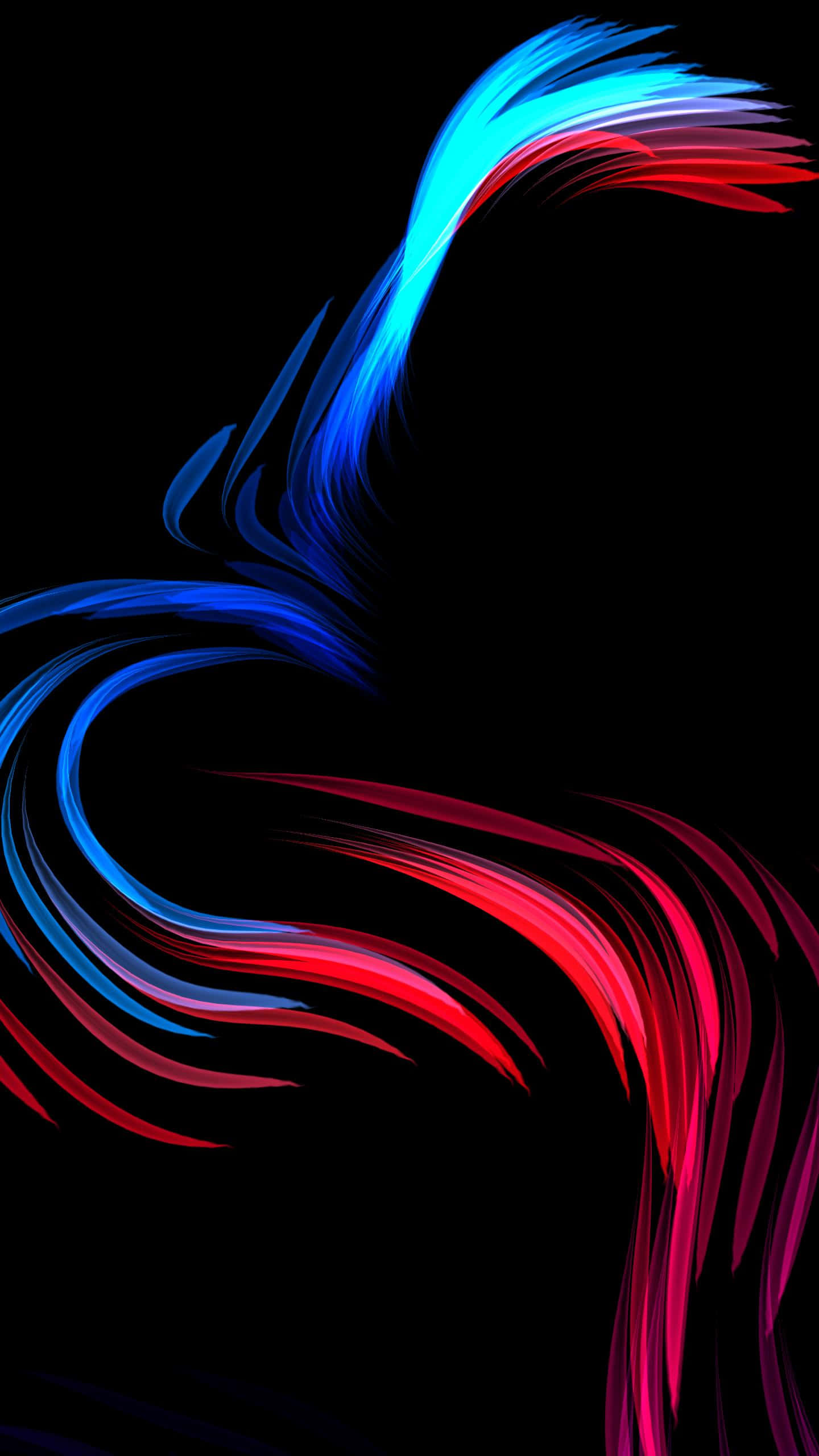 AMOLED 4K 桌布 壁紙 — 充滿活力的藍色和紅色條紋在純黑色背景上動態旋轉，呈現流暢的抽象運動。