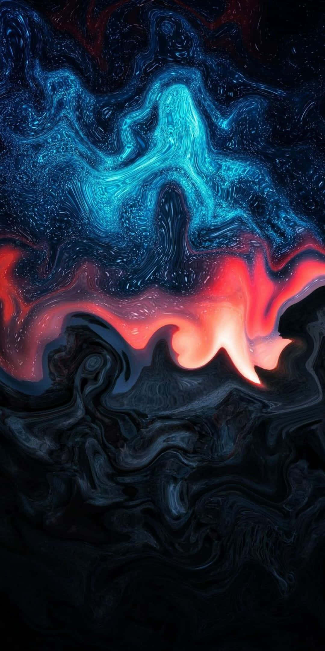 Colorful iPhone 桌布 壁紙 — 充滿活力的藍色和紅色漩渦宇宙流體在深黑色背景上流動，如同液體星雲。