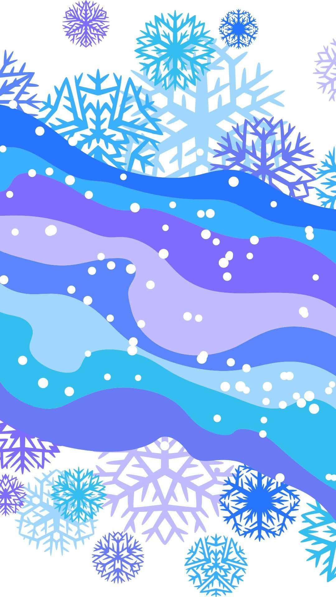 Cute Winter 桌布 壁紙 — 充滿活力的藍色和紫色波浪層，散落著雪花，營造出風格化的冬季場景。