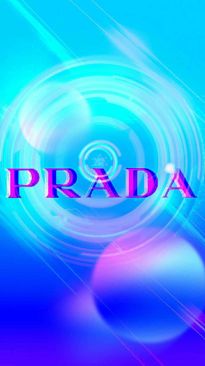 Prada 桌布 壁紙 — 充滿活力的藍色和紫色發光環圍繞著PRADA這個詞，呈現未來數位設計。