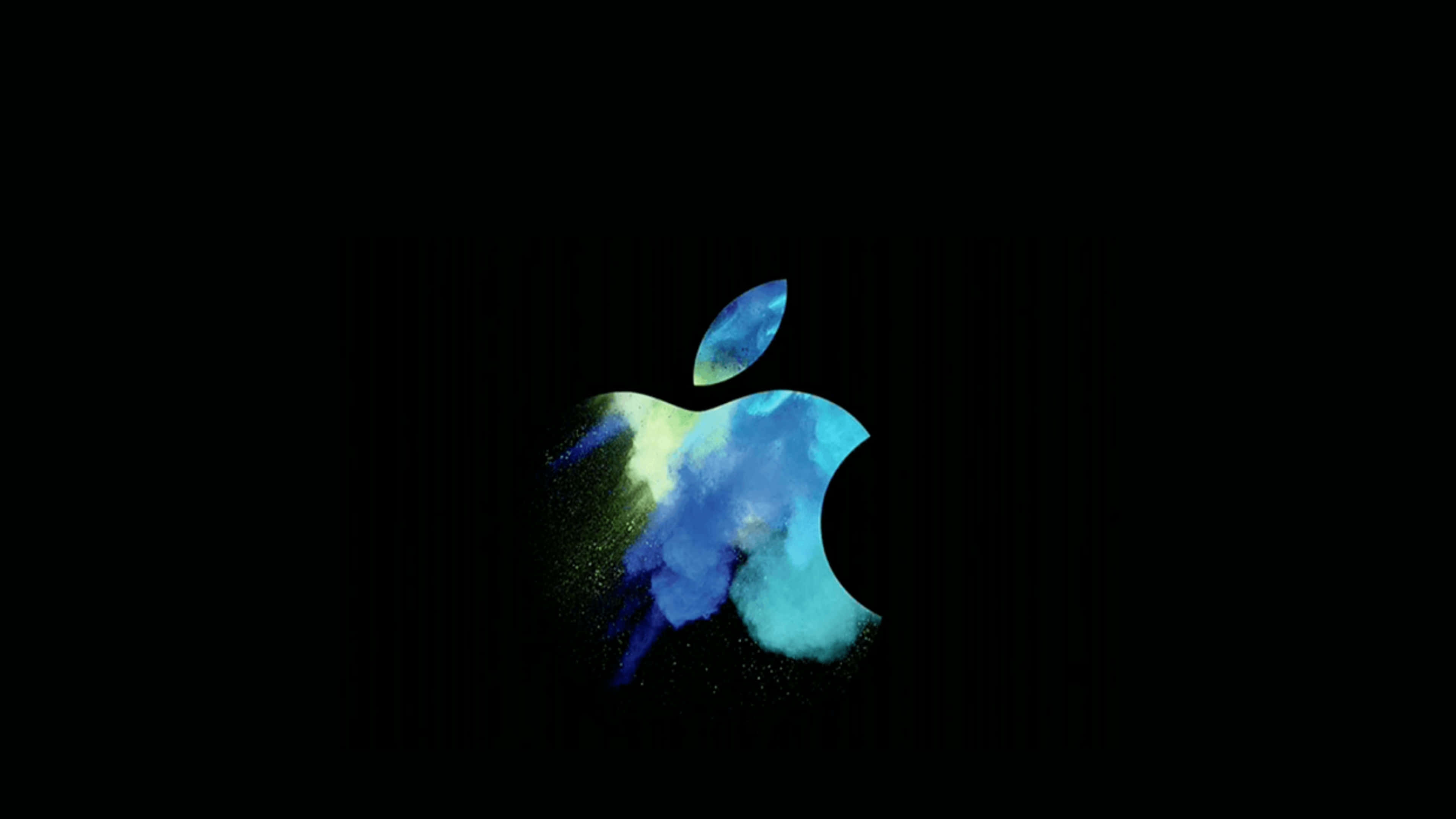 iPhone Home Screen 桌布 壁紙 — 充滿活力的藍色和綠色水彩潑濺在純黑背景上形成標誌性的Apple標誌。