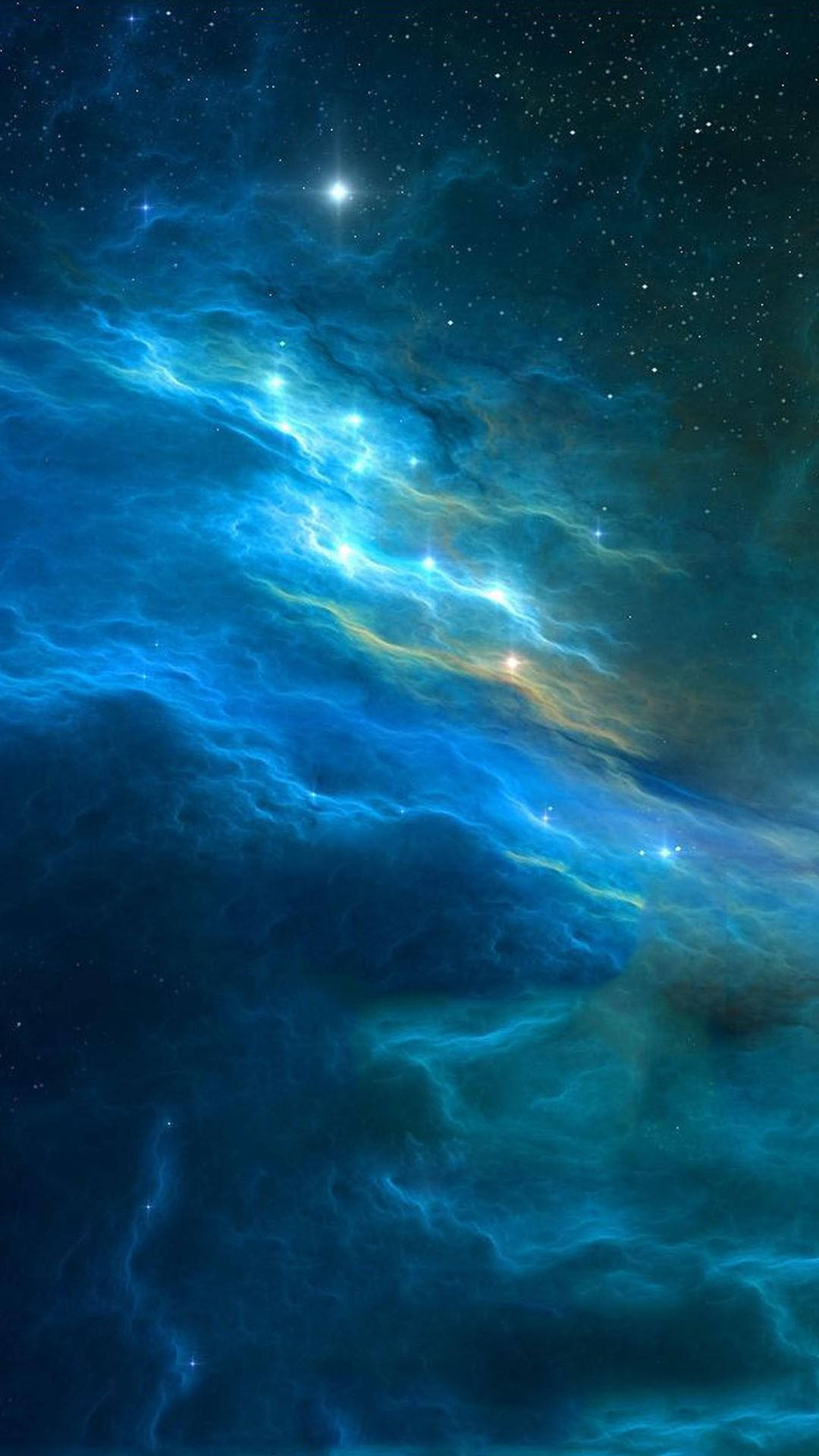 銀河 桌布 壁紙 — 充滿活力的藍色和藍綠色宇宙星雲，發光的星星在深空背景上旋轉。