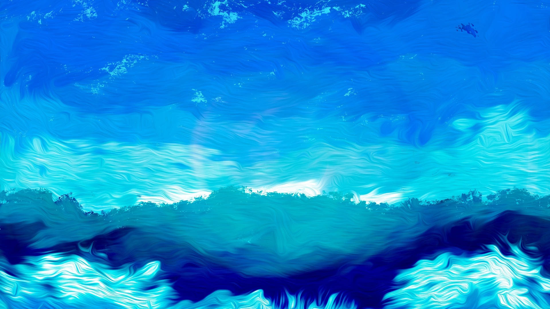 Painting 桌布 壁紙 — 充滿活力的藍色和藍綠色抽象波浪在畫布上動態旋轉，帶有繪畫質感。