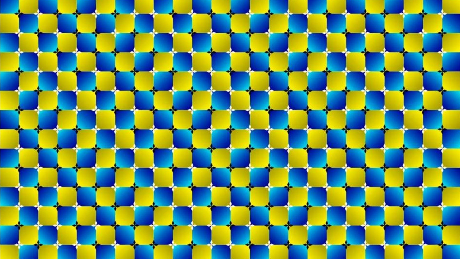 Illusion 桌布 壁紙 — 充滿活力的藍色和黃色正方形，帶有漸變陰影，形成重複的幾何圖案，具有錯視效果。