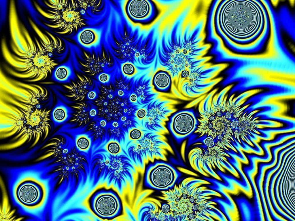 Trippy 3d Art 桌布 壁紙 — 充滿活力的藍色和黃色碎形圖案，帶有發光的圓形圖案和複雜的幾何設計，盤旋交織。