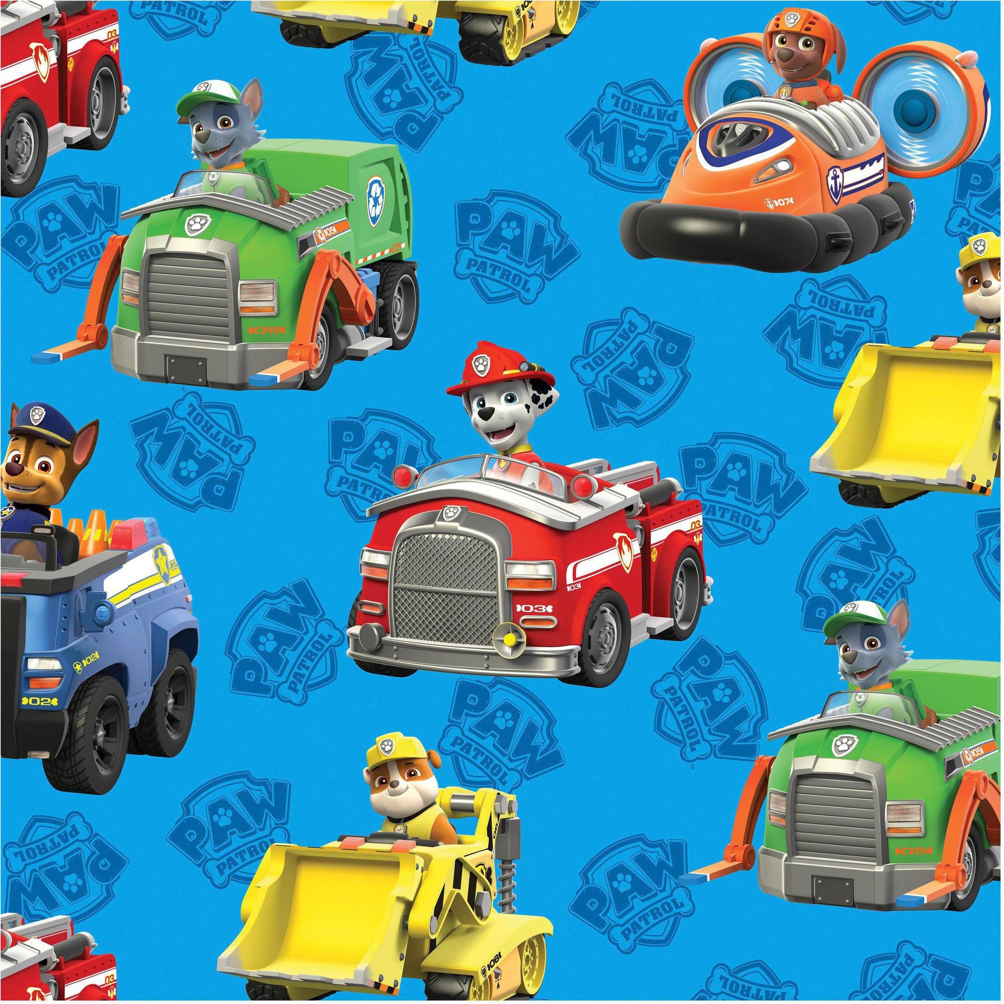 汪汪隊立大功 桌布 壁紙 — 充滿活力的藍色壁紙， featuring Paw Patrol 角色在他們色彩繽紛的救援車輛中，背景是重複的標誌。