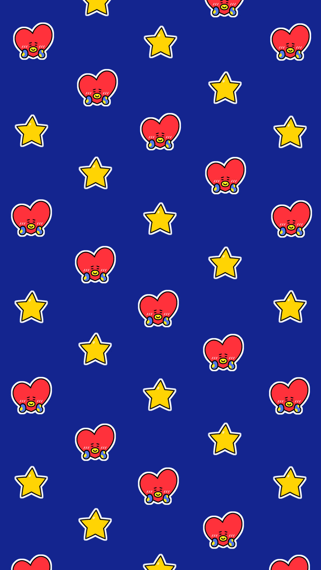 tata bt21 桌布 壁紙 — 充滿活力的藍色壁紙，帶有重複的紅色哭泣心形和黃色星星圖案。