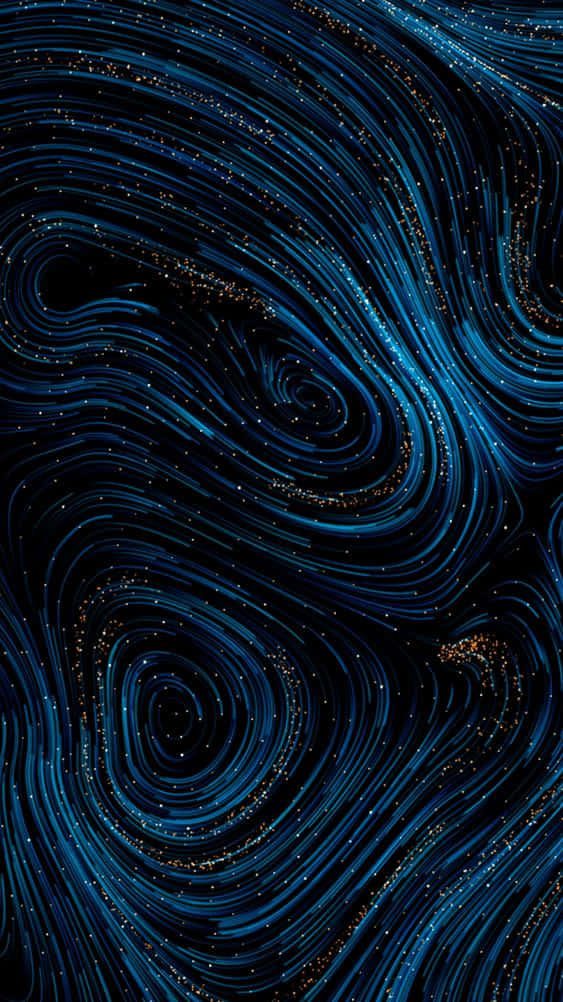 Dark Blue Pattern 桌布 壁紙 — 充滿活力的藍色宇宙漩渦，帶有金色斑點，在深邃的黑色虛空中動態流動。