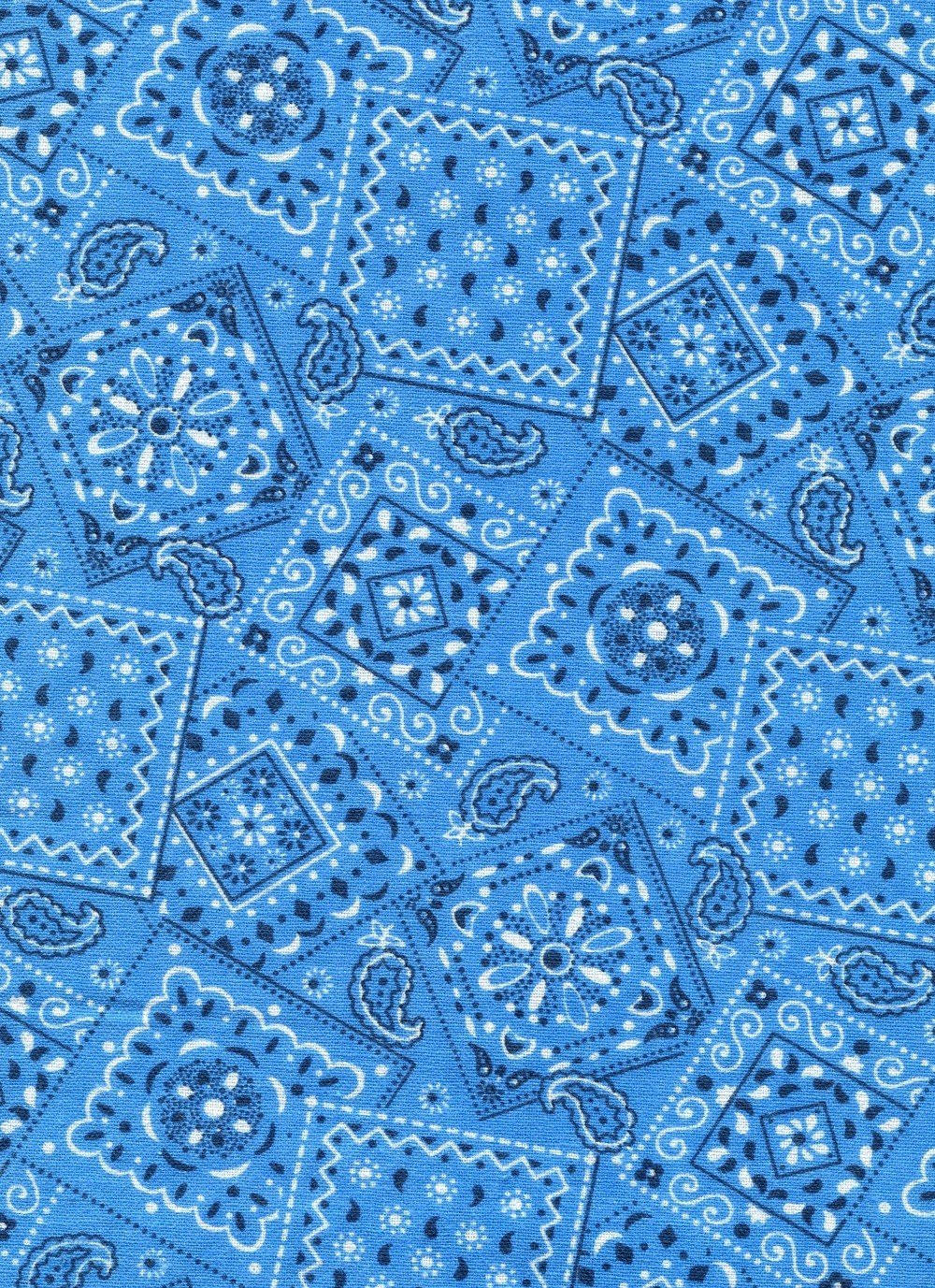 bandana 桌布 壁紙 — 充滿活力的藍色布料，帶有複雜的白色和深藍色佩斯利及花卉圖案，排列成重複的幾何區塊。