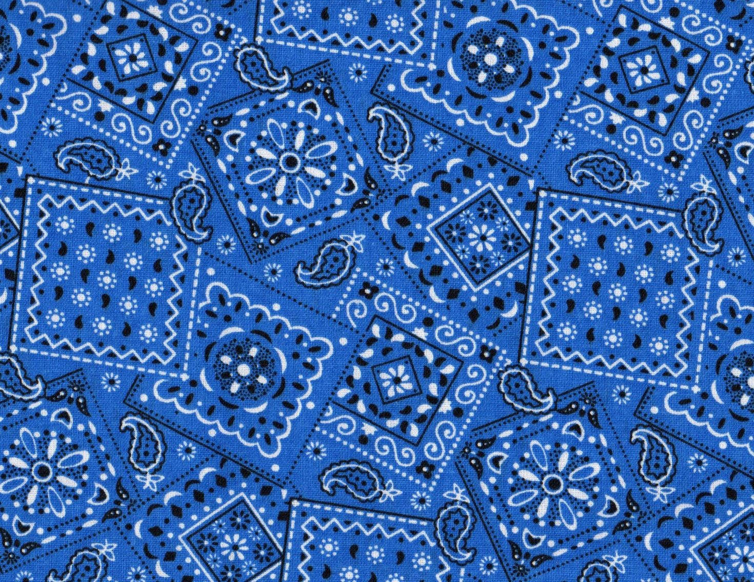bandana 桌布 壁紙 — 充滿活力的藍色布料，帶有複雜的白色和黑色佩斯利圖案，以重複的菱形排列。