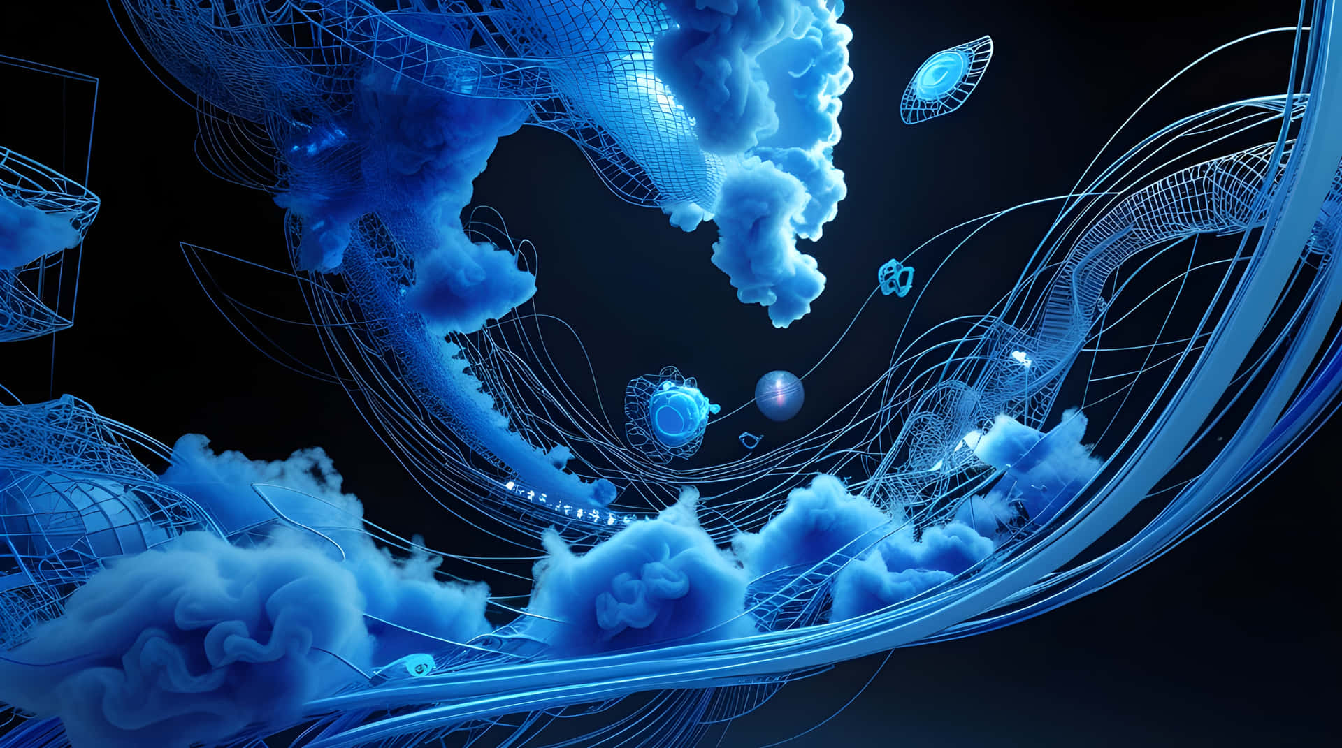 Blue colour abstract background 壁紙 — 充滿活力的藍色數位雲和發光的線框結構在深黑色背景上動態旋轉。
