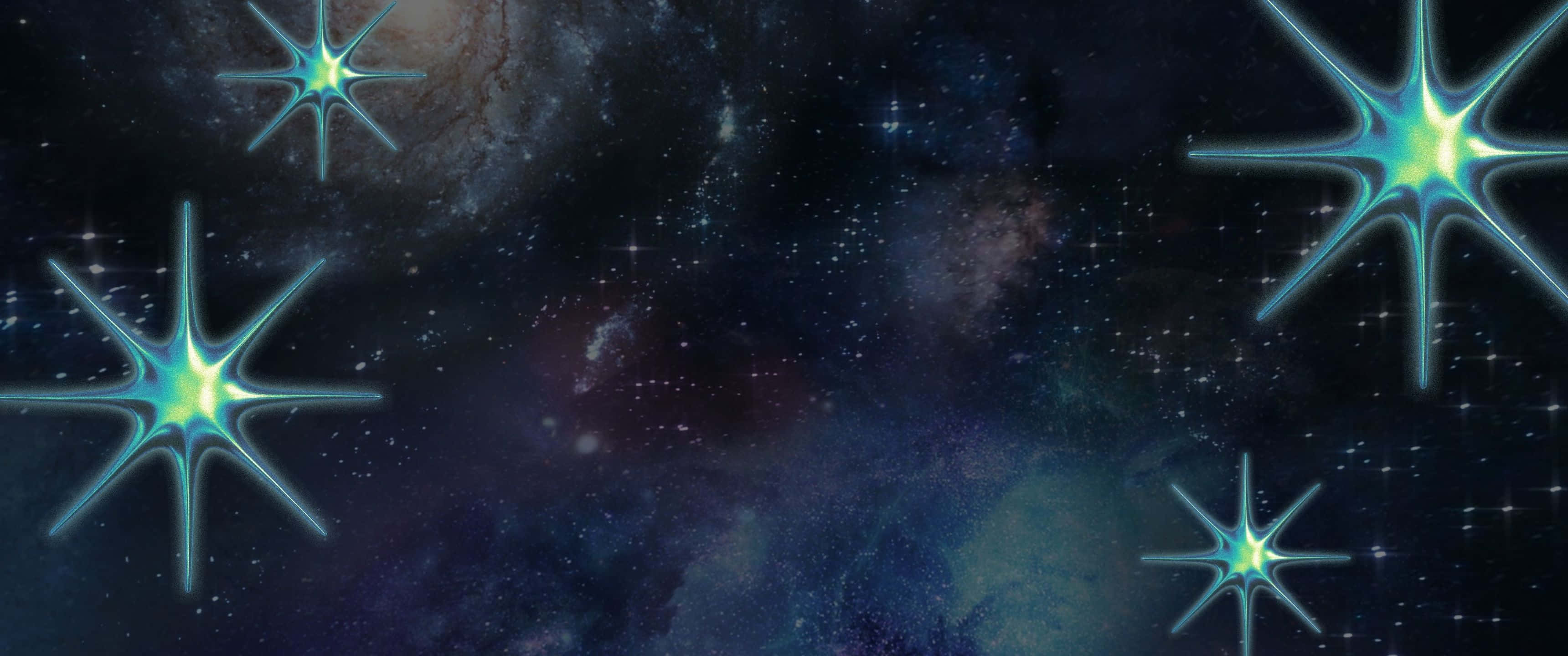 3440x1440 桌布 壁紙 — 充滿活力的藍色星爆在充滿旋轉星雲和遙遠星體的深邃宇宙背景下發光。