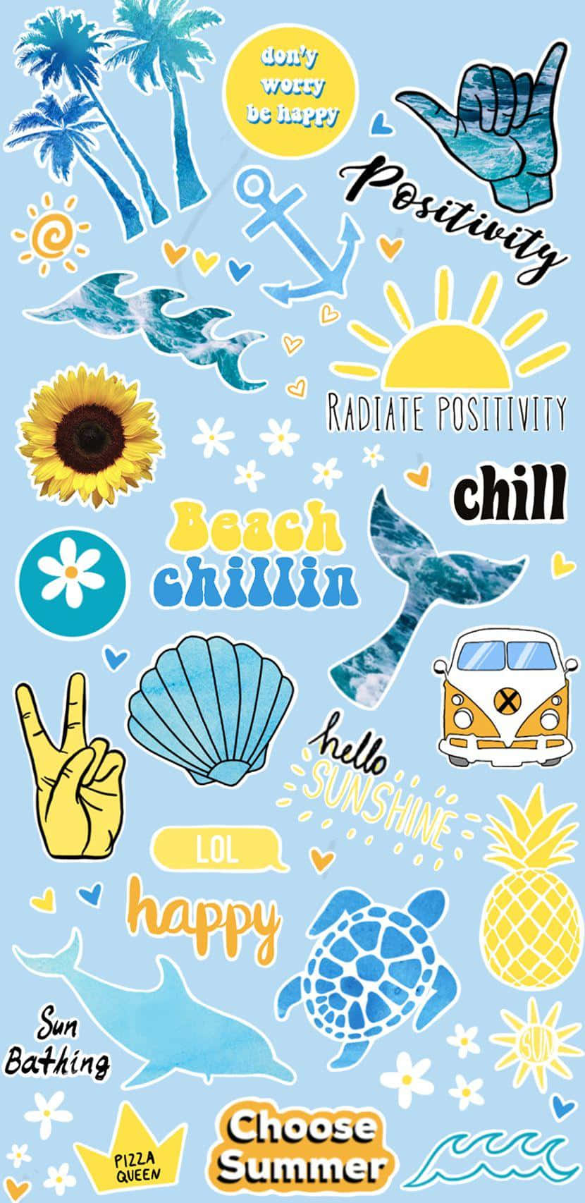 Cute Stickers 桌布 壁紙 — 充滿活力的藍色桌布拼貼，包含沙灘主題貼紙，如棕櫚樹、太陽、海龜和VW廂型車，並帶有歡樂積極的短語。