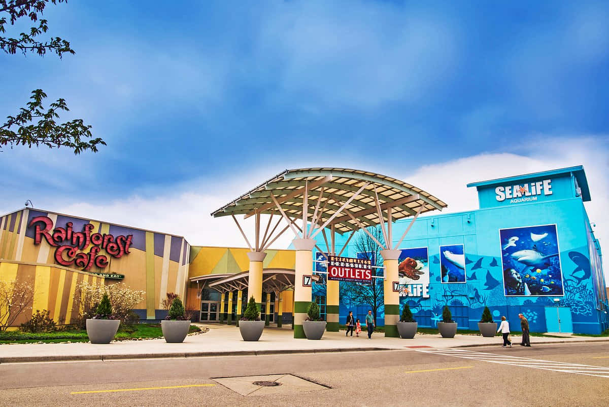 城市 桌布 壁紙 — 充滿活力的藍色海洋生物水族館建築，在明亮的藍天下有色彩繽紛的條紋相鄰結構。