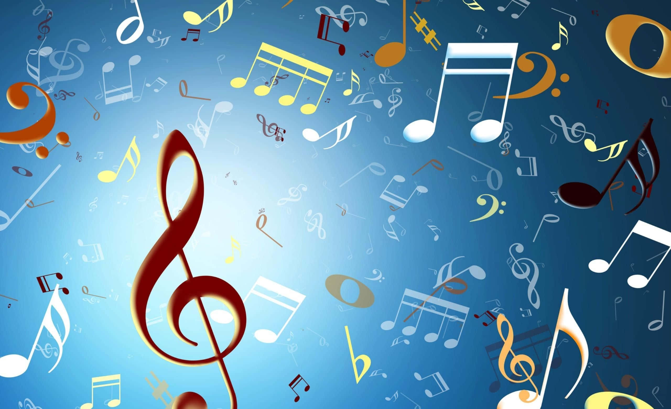 Musical 桌布 壁紙 — 充滿活力的藍色漸變背景，點綴著漂浮的彩色音符和一個大型中央高音譜號。