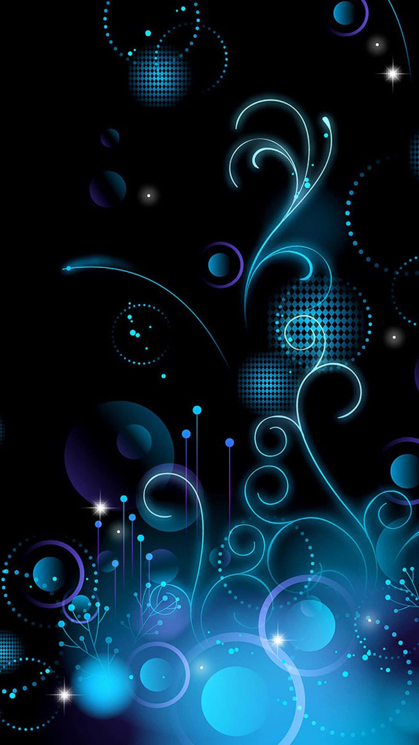 Creative iPhone 桌布 壁紙 — 充滿活力的藍色發光漩渦和圓點在黑色背景上漂浮，帶有星爆亮點。