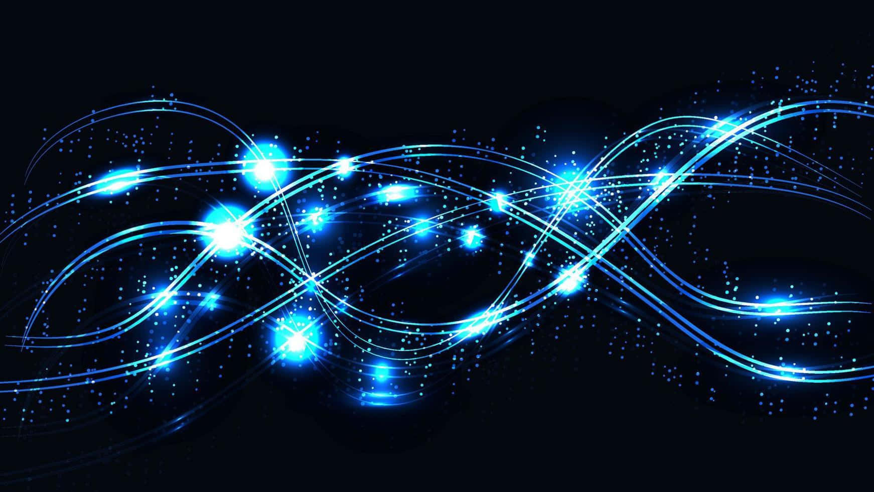 Beautiful Neon 桌布 壁紙 — 充滿活力的藍色發光能量波在深邃的黑色背景上動態流動，帶有閃爍的粒子。