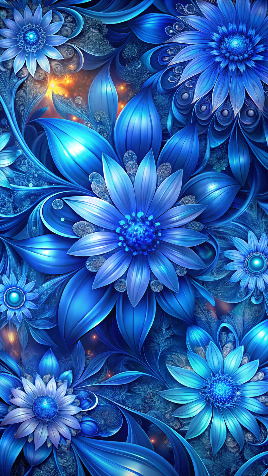 Flower Pattern 壁紙 — 充滿活力的藍色碎形花朵，帶有發光的花心和旋轉的花瓣，背景為深色，帶有金色火花。