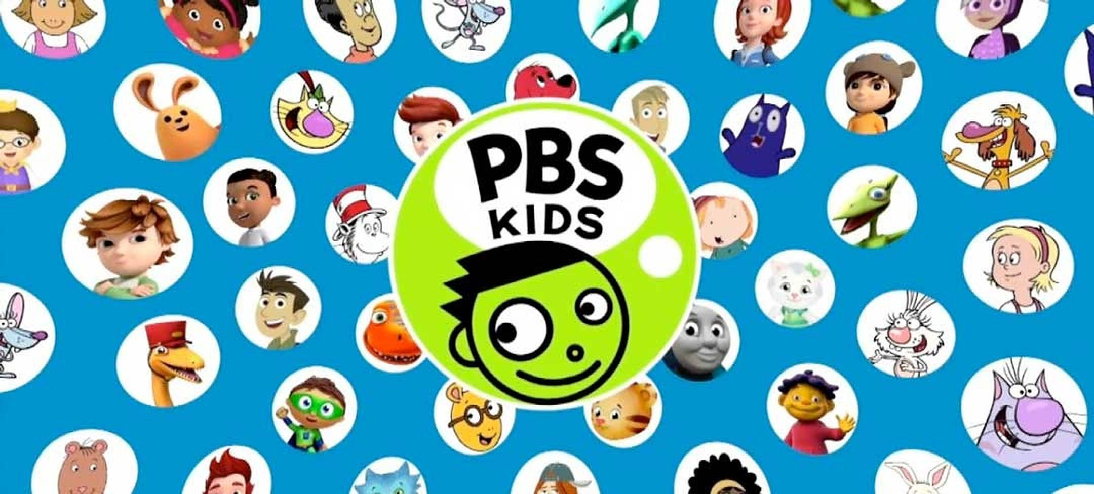 Pbs 桌布 壁紙 — 充滿活力的藍色背景，上面有各種PBS Kids動畫角色的圓形肖像，圍繞著中央的綠色標誌。