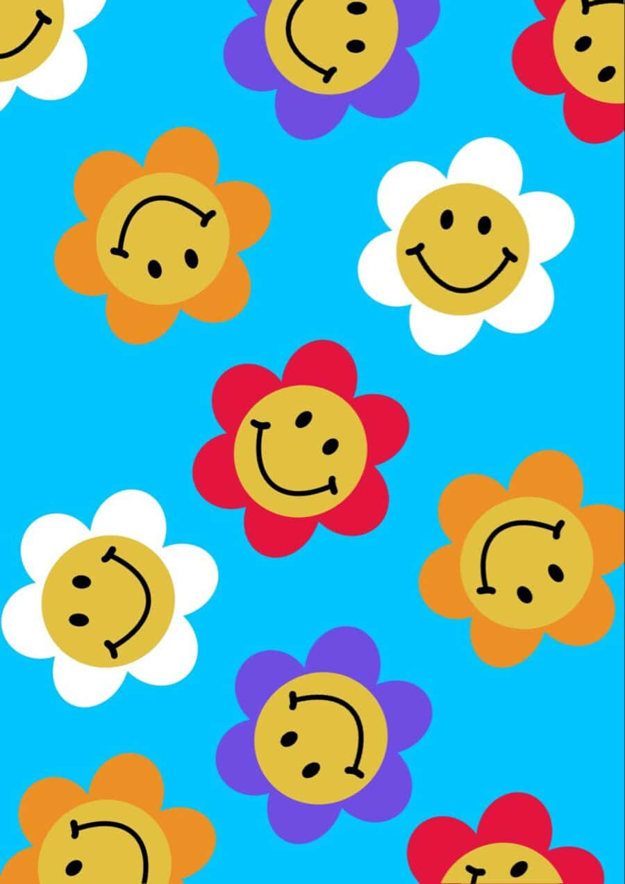 Aesthetic Smiley Face 桌布 壁紙 — 充滿活力的藍色背景，佈滿色彩繽紛的卡通花朵，每朵都帶著歡樂的笑臉。