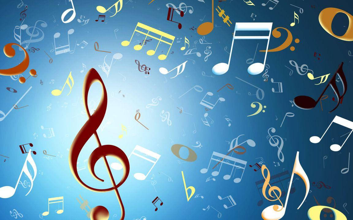 音樂 桌布 壁紙 — 充滿活力的藍色背景，漂浮著色彩繽紛的音樂符號，中央有一個大型高音譜號。