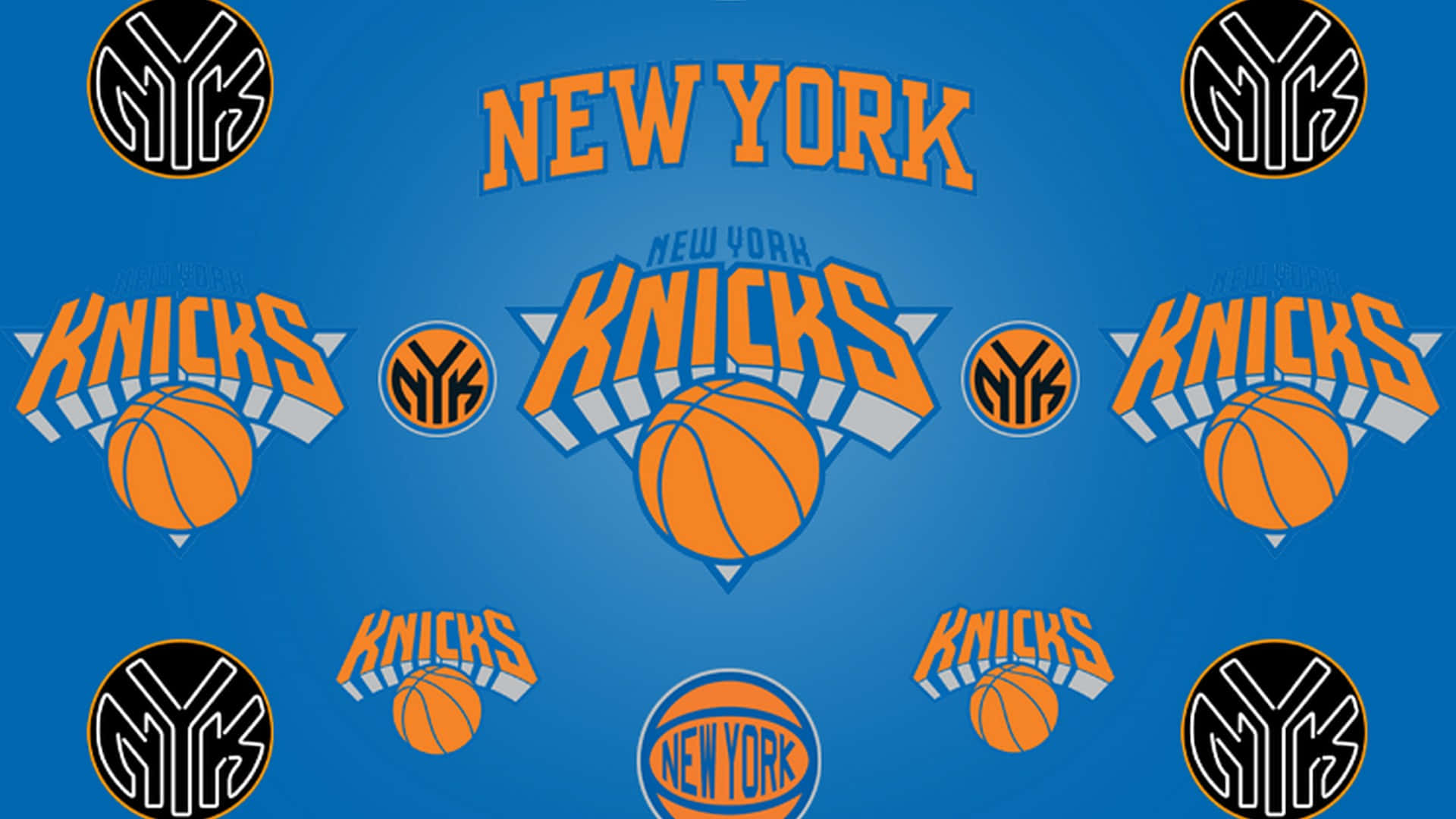 Knicks 桌布 壁紙 — 充滿活力的藍色背景，重複出現紐約尼克隊標誌和橙色及黑色的籃球。