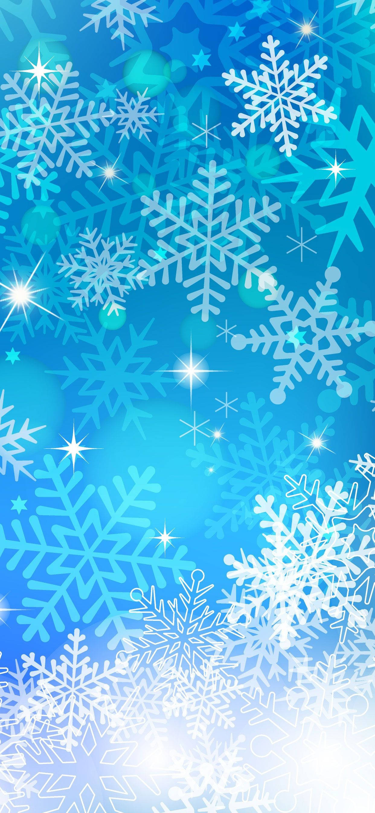 Snowflake iPhone 桌布 壁紙 — 充滿活力的藍色背景，飾以精緻的白色雪花和閃爍的星爆，營造出節日冬季仙境。