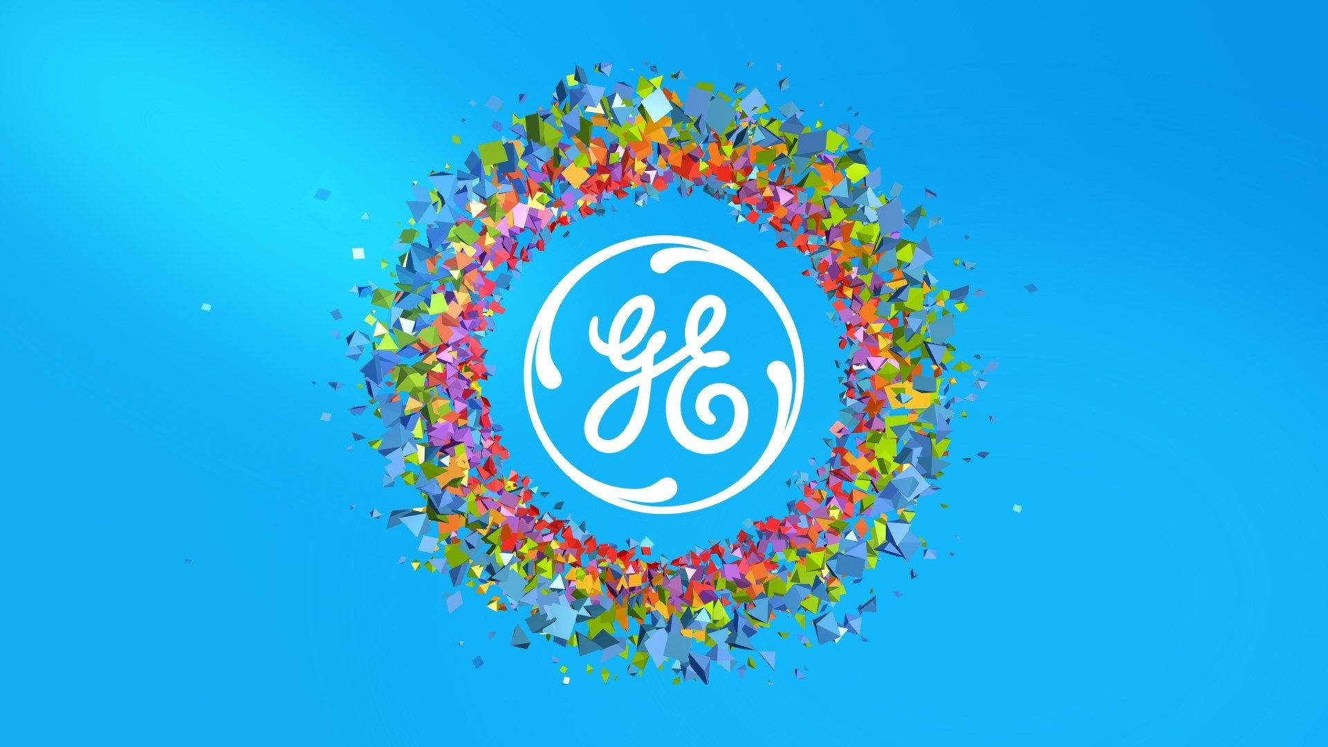 Health 桌布 壁紙 — 充滿活力的藍色背景上，有一個白色GE標誌，被一圈色彩繽紛的幾何碎片環繞。