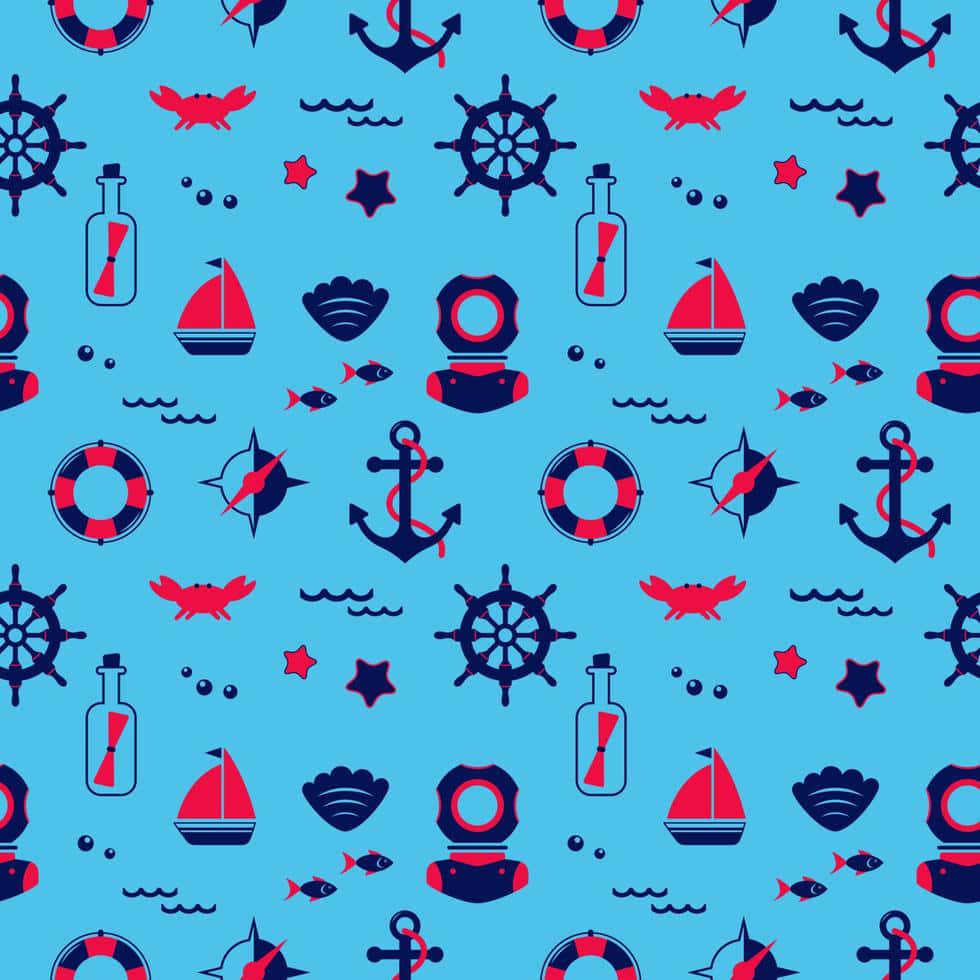 Nautical 桌布 壁紙 — 充滿活力的藍色航海圖案，以紅色和海軍藍的錨、船舵和螃蟹組成有趣的重复設計。