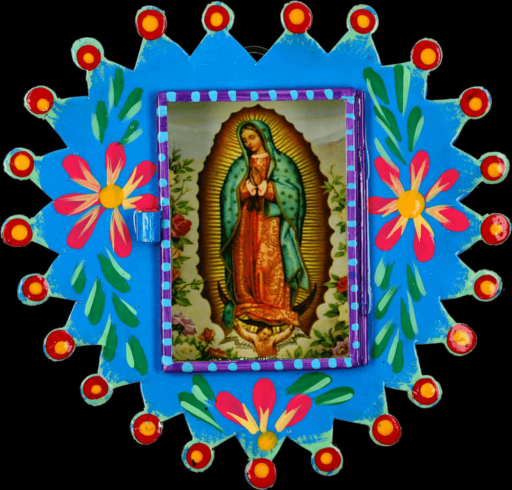 Virgin Mary 桌布 壁紙 — 充滿活力的藍色華麗框架，飾有紅黃花朵，環繞著瓜達盧佩聖母的復古印刷品。
