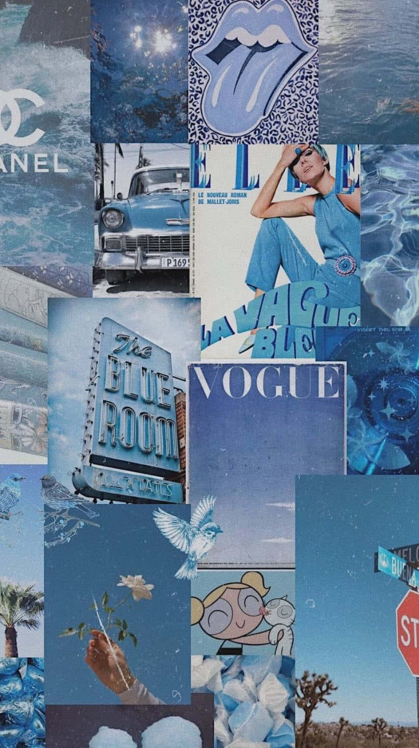 Chanel 桌布 壁紙 — 充滿活力的藍色調拼貼畫，包含復古時尚雜誌、復古汽車和流行文化圖標，以動態網格排列。