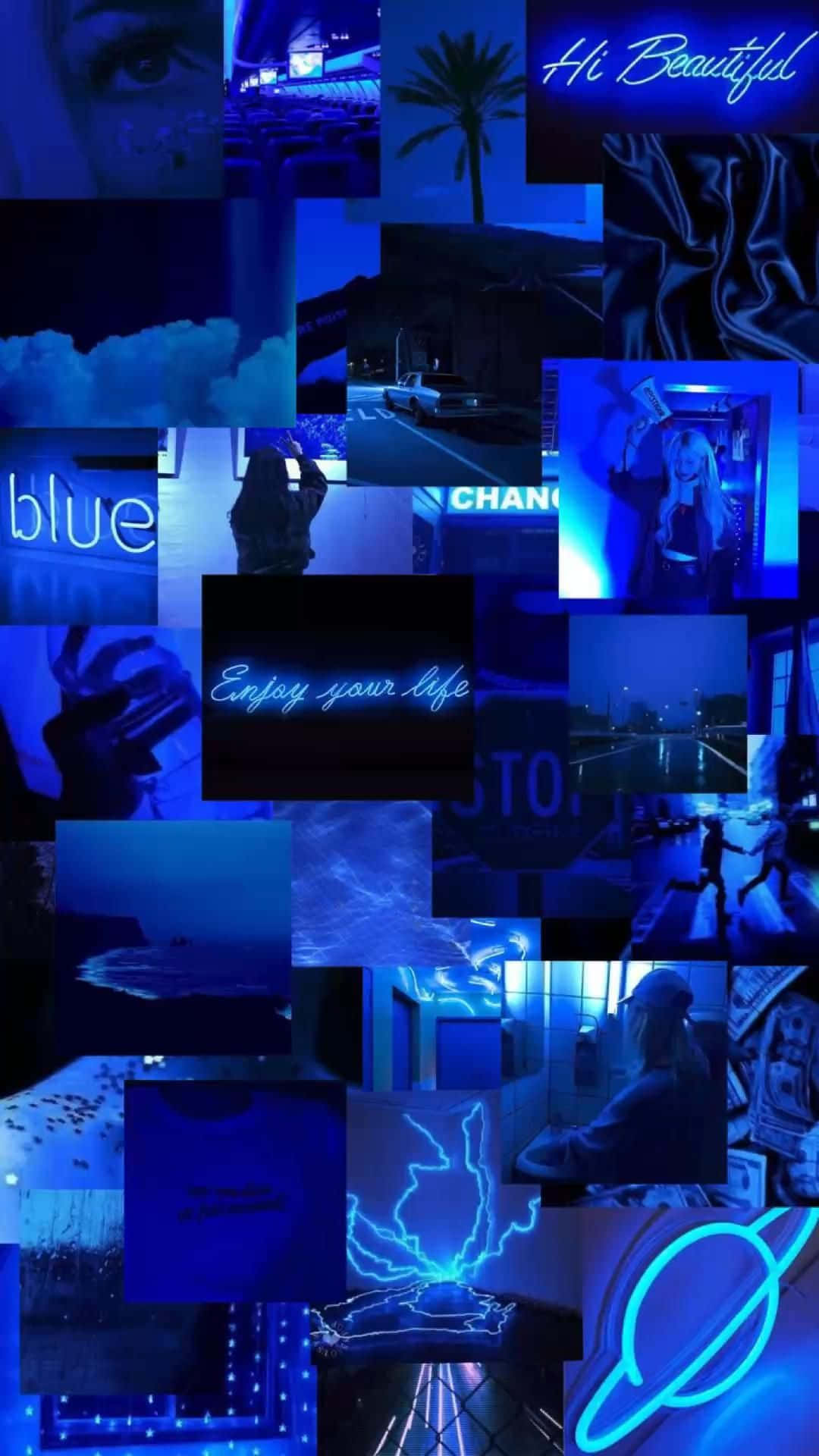 Blue Led 桌布 壁紙 — 充滿活力的藍色調拼貼畫，包含霓虹燈招牌、棕櫚樹和城市景觀，帶有發光文字和抽象元素。