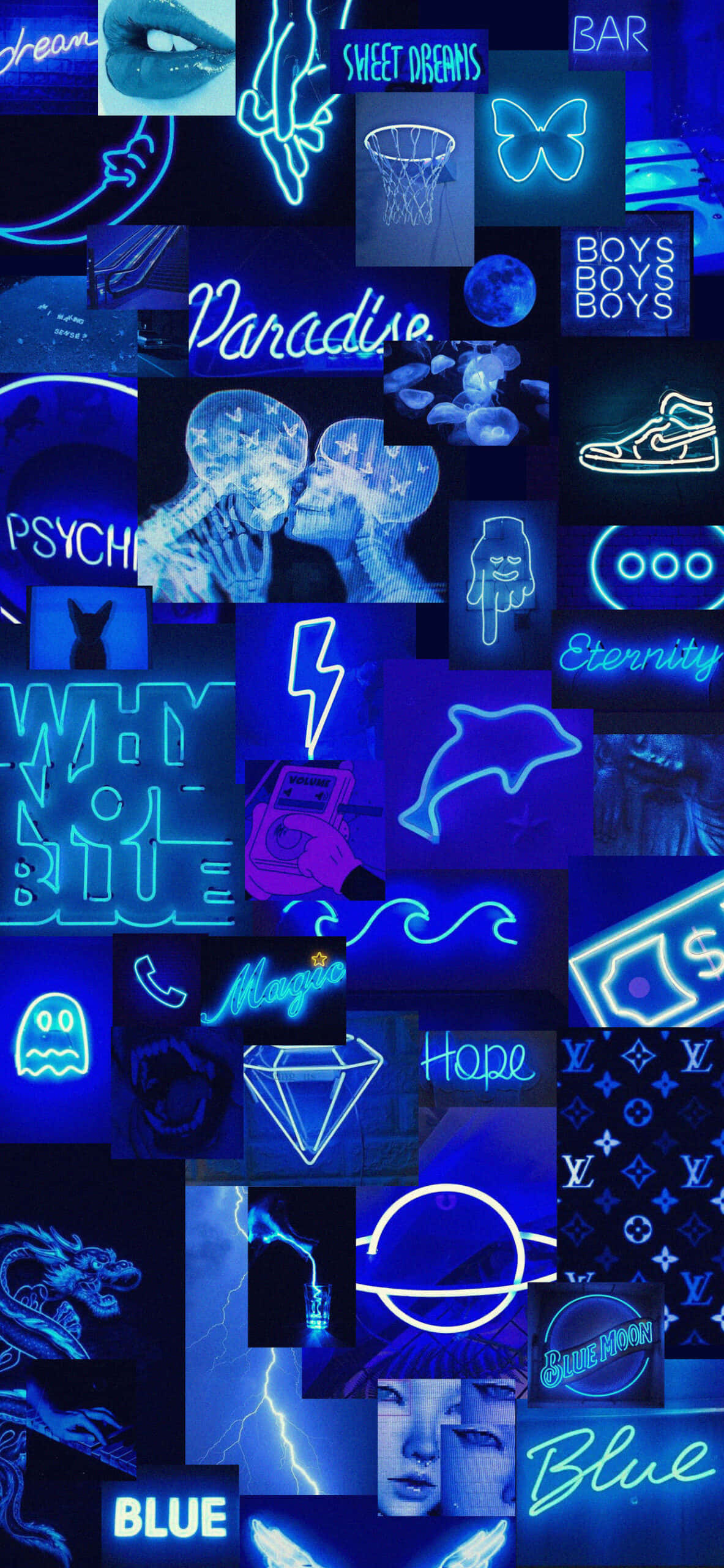 Aesthetic Blue 桌布 壁紙 — 充滿活力的藍色霓虹拼貼畫，在深色背景上呈現發光的符號、文字和圖標，如鬼魂、鑽石和運動鞋。