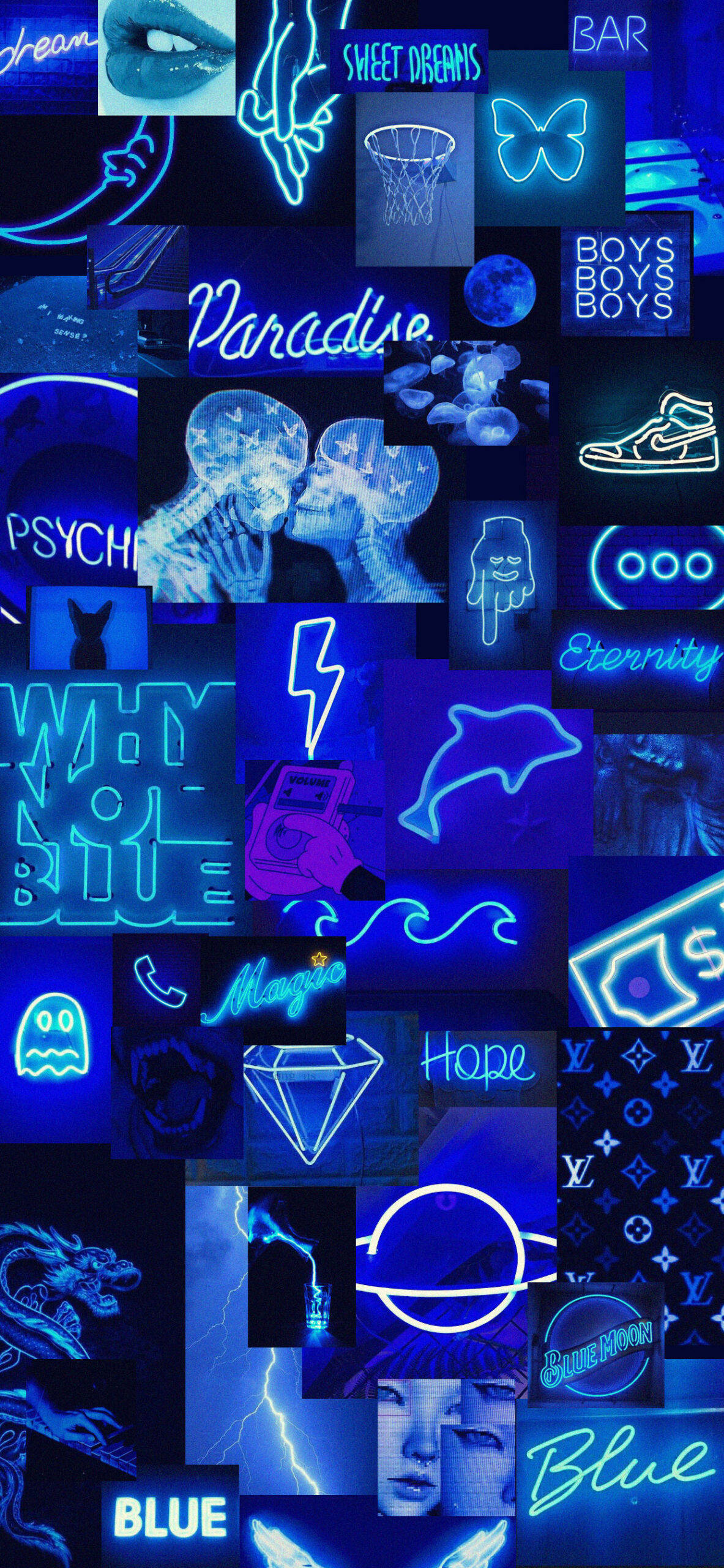 Aesthetic Blue 桌布 壁紙 — 充滿活力的藍色霓虹拼貼畫，帶有發光的符號、文字和圖標，呈現夢幻的賽博龐克美學。