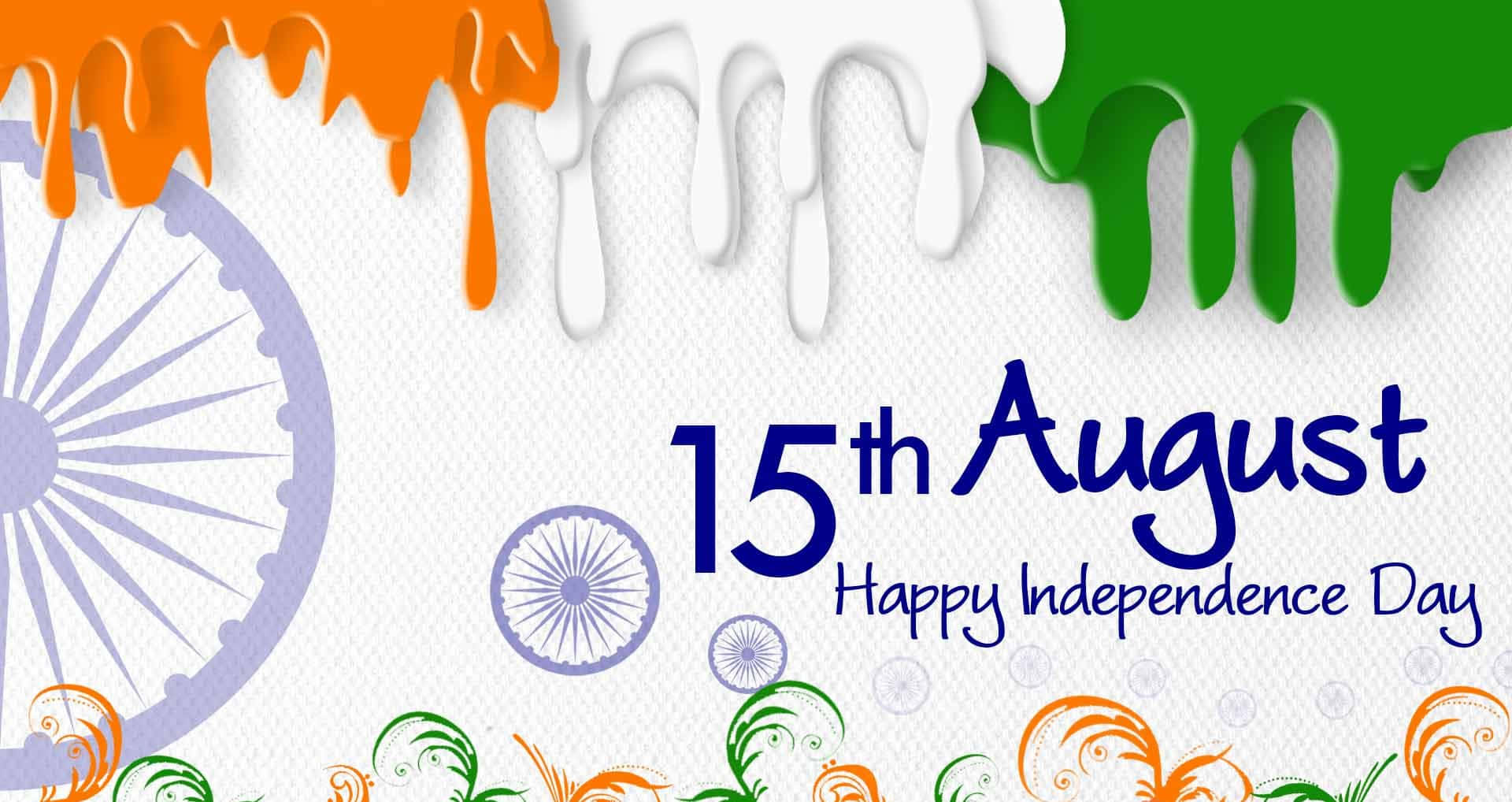 Independence Day 桌布 壁紙 — 充滿活力的藏紅花、白色和綠色油漆滴落在帶有阿育王法輪和印度獨立日慶祝文字的白色紋理背景上。