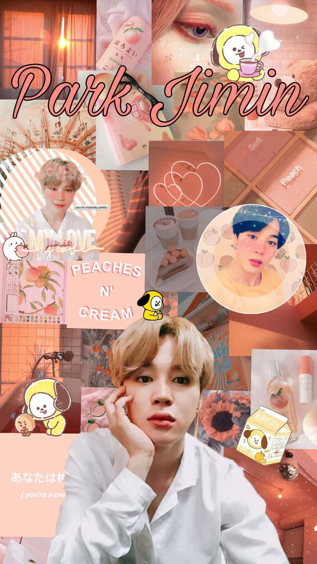 Jimin Aesthetic 桌布 壁紙 — 充滿活力的蜜桃色調拼貼壁紙， featuring Park Jimin、可愛卡通角色、化妝品和心形圖案，營造夢幻美學。
