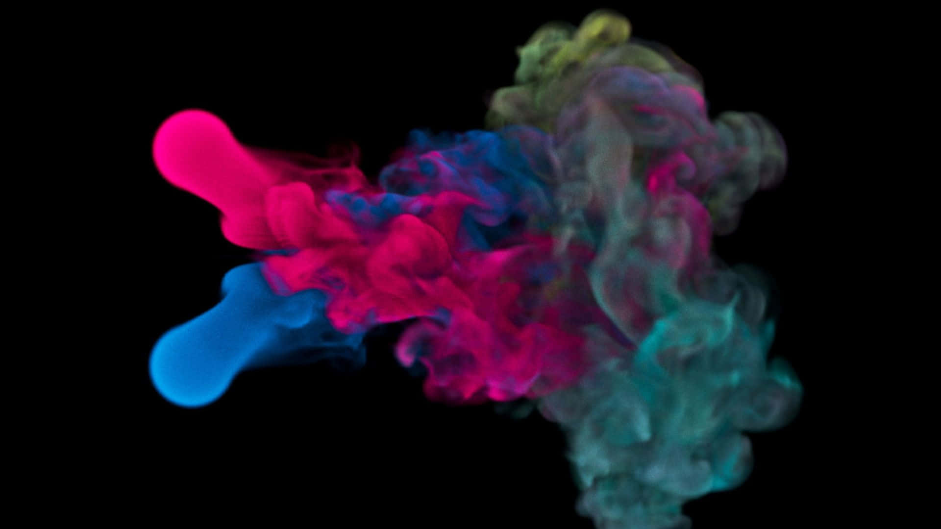 HD Amoled 桌布 壁紙 — 充滿活力的螢光粉紅、藍色和藍綠色墨水在純黑背景上動態旋轉，形成抽象的顏色爆炸。