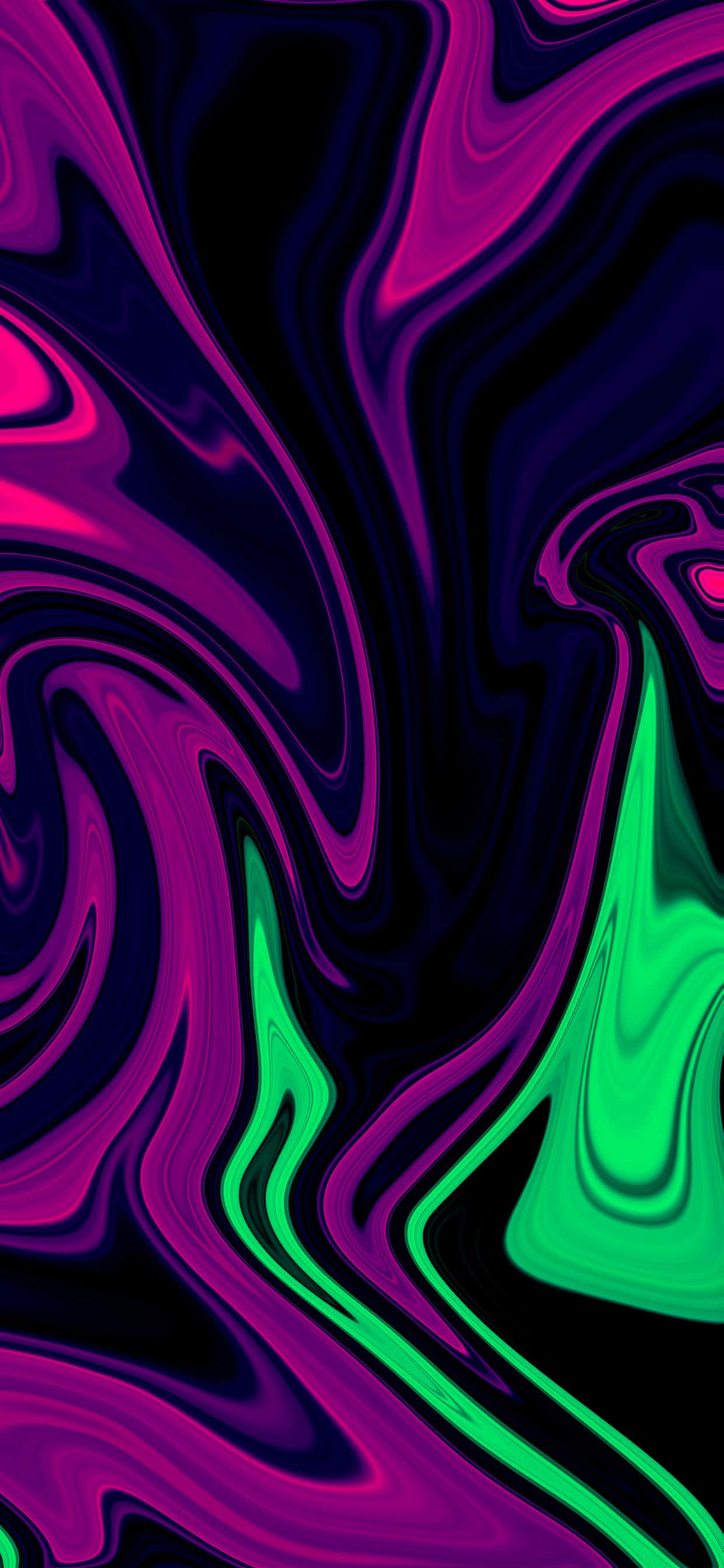 Neon Green And Purple 桌布 壁紙 — 充滿活力的螢光粉紅和綠色液體漩渦在深黑色背景上動態流動。