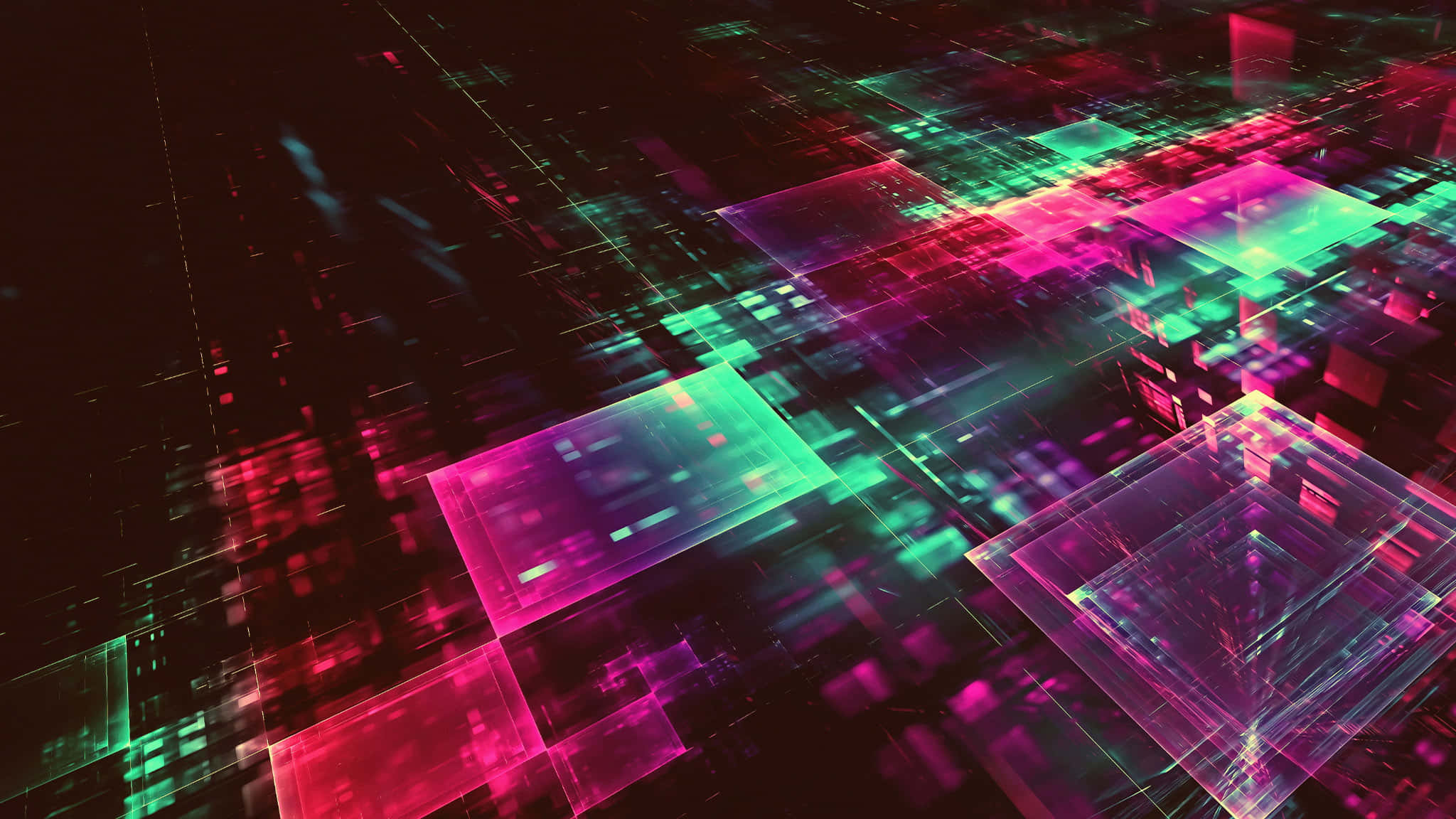 2048x1152 桌布 壁紙 — 充滿活力的螢光粉紅和藍綠色幾何正方形漂浮在帶有發光網格線的黑暗數位空間中。