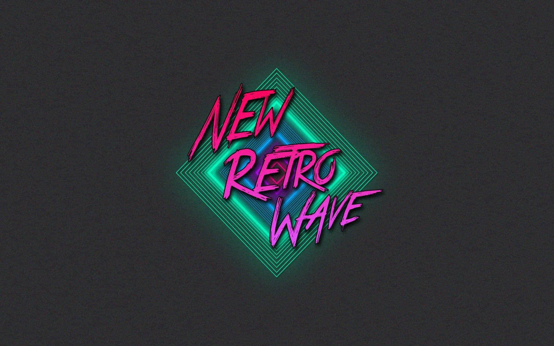 復古 桌布 壁紙 — 充滿活力的螢光粉紅和藍綠色文字「NEW RETRO WAVE」在幾何鑽石框架內發光，背景為深色紋理。
