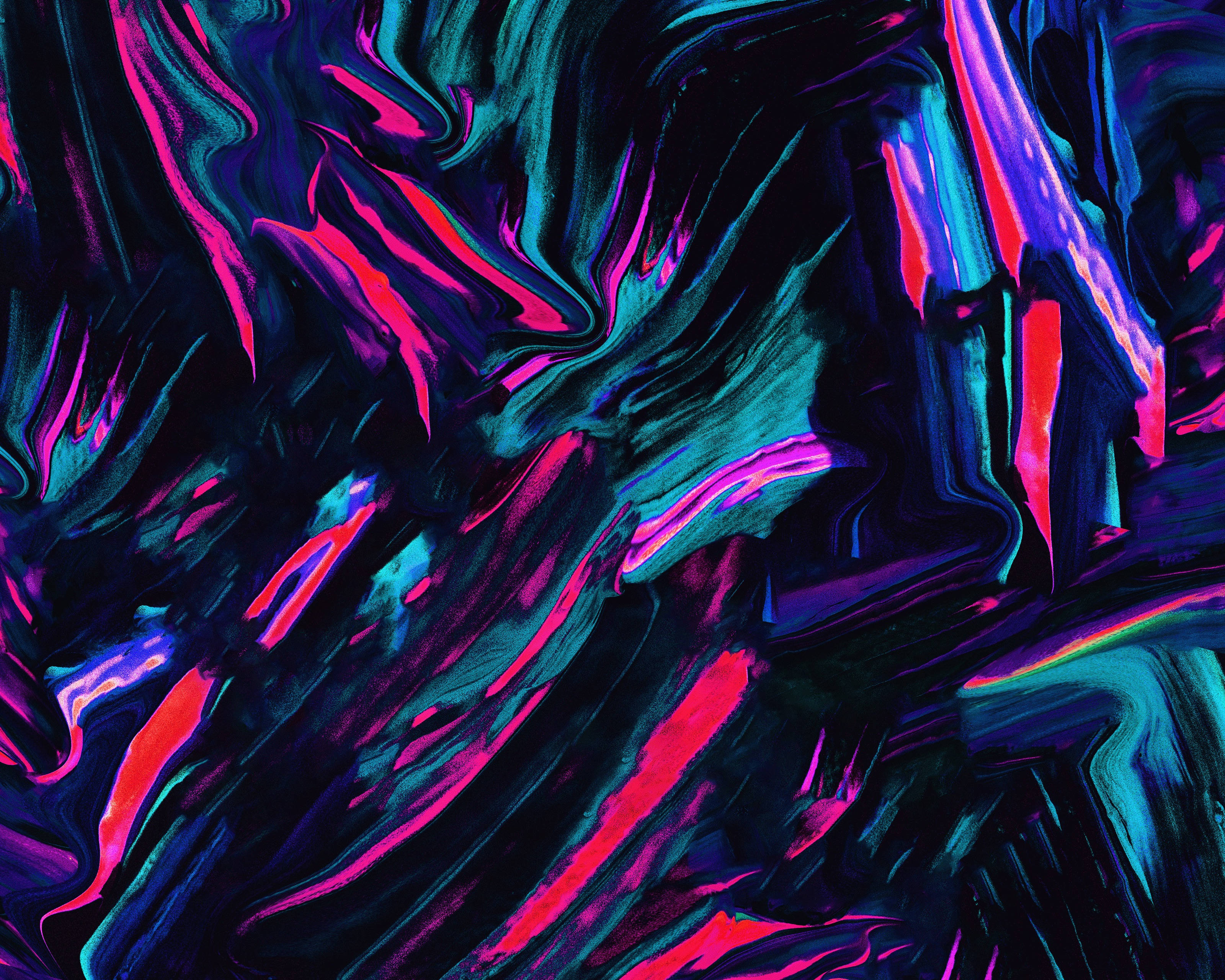 抽象 桌布 壁紙 — 充滿活力的螢光粉紅和藍綠色油漆漩渦在深黑色背景上動態流動，形成數位抽象構圖。